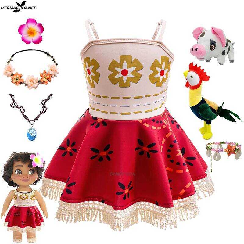 C New Moana 2 Dress Girl Moana Princess Dress Cosplay Baby One-Shoulder Suspender Dress Accessories