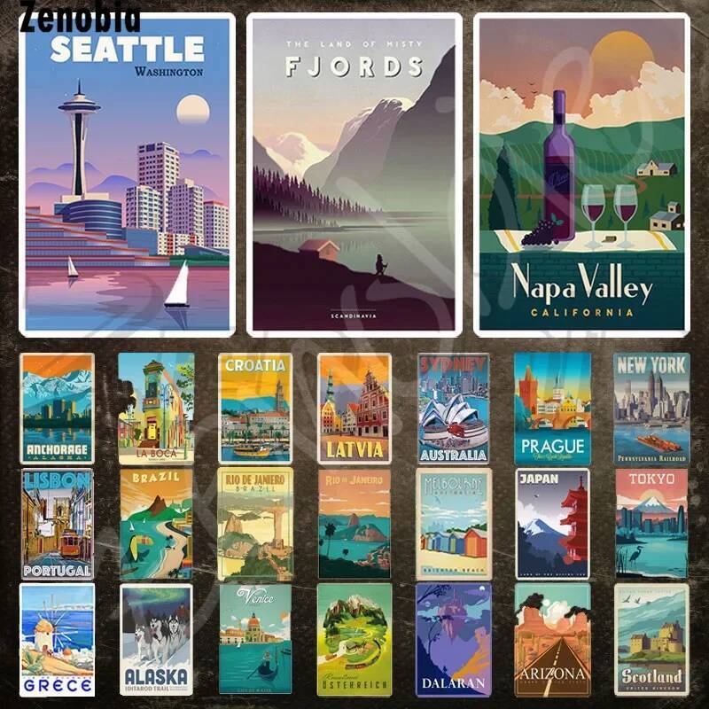 Vintage Travel ป้ายโลหะ Seattle Fjords Napa Valley Landmark Buildingtin Sign City ภูมิทัศน์โลหะโปสเต