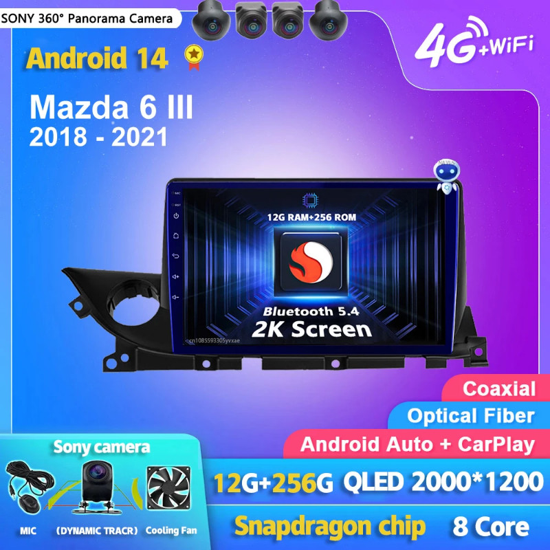 Android 14 Carplay Auto 2K Screen Car Radio Multimedia Video Player For Mazda 6 III 3 GJ GL 2018 -