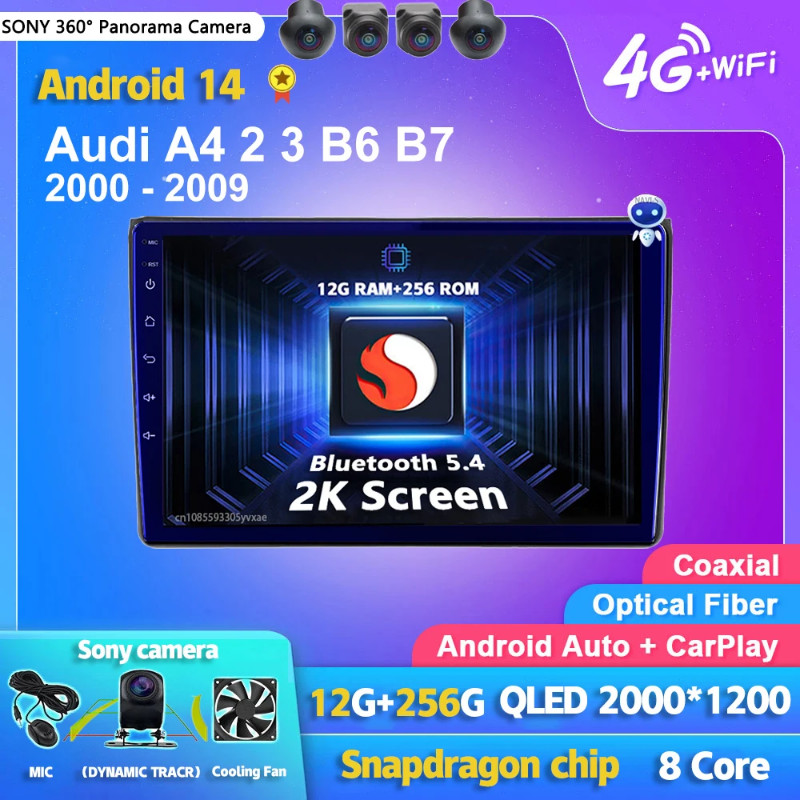 Android 14 Carplay Auto 2K Screen Car Radio Multimedia Player For Audi A4 2 3 B6 B7 S4 RS4 2000-200