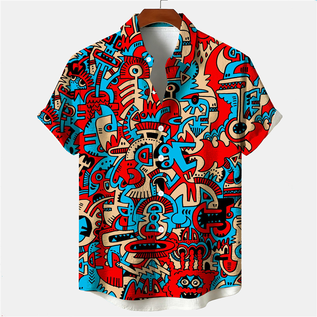เสื้อเชิ้ตแขนสั้นฮาวายพิมพ์ลายระบายอากาศ ดีไซน์ศิลปะแนว Edgy Cartoon/Street เสื้อลำลองในฤดูร้อน
