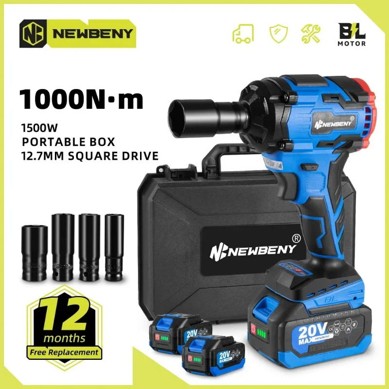 NewBeny 1000N.m Torque Brushless Electric Wrench 3 Gears with LED Light Cordless Screwdriver Power