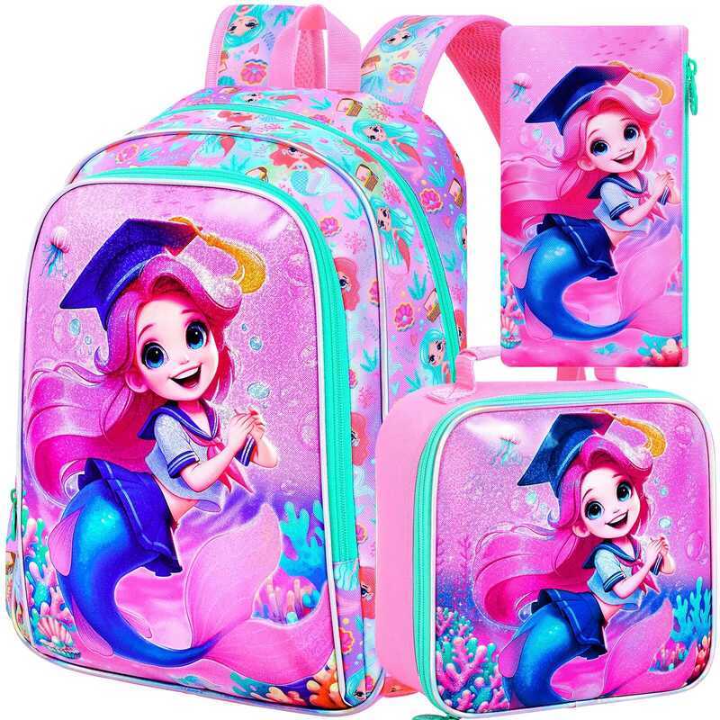 C 3Pcs Mermaid Backpack, 16" Girls Bookbag With Lunch Box, Kids Elementary Prechool Toddler Shool -
