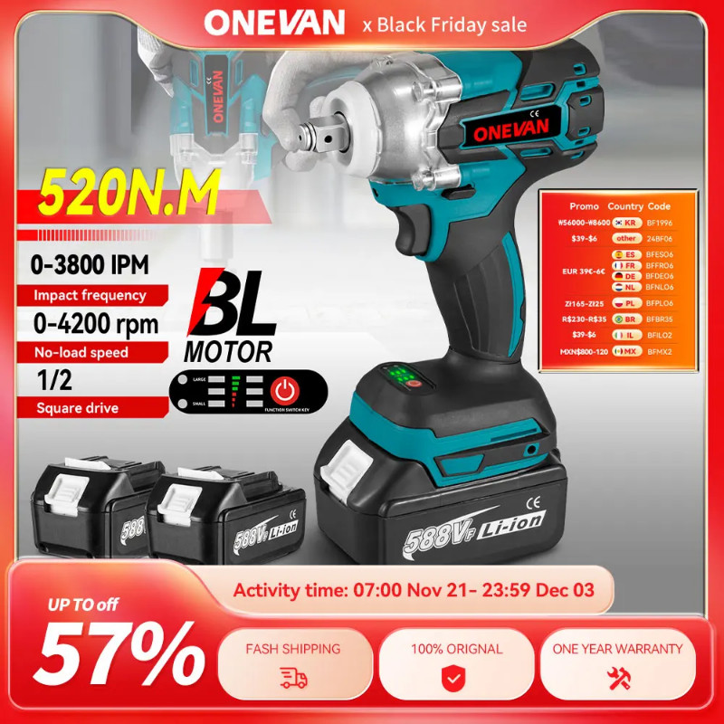 Brushless 520N.M Electric Impact Wrench Cordless 1/2 inch Electric Wrench Screwdriver Repair Power