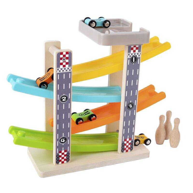 C Wooden Racing Track Racing Car Fun Track Sliding Cars With 4Pcs Mini Cars Eduional Toys For Boys