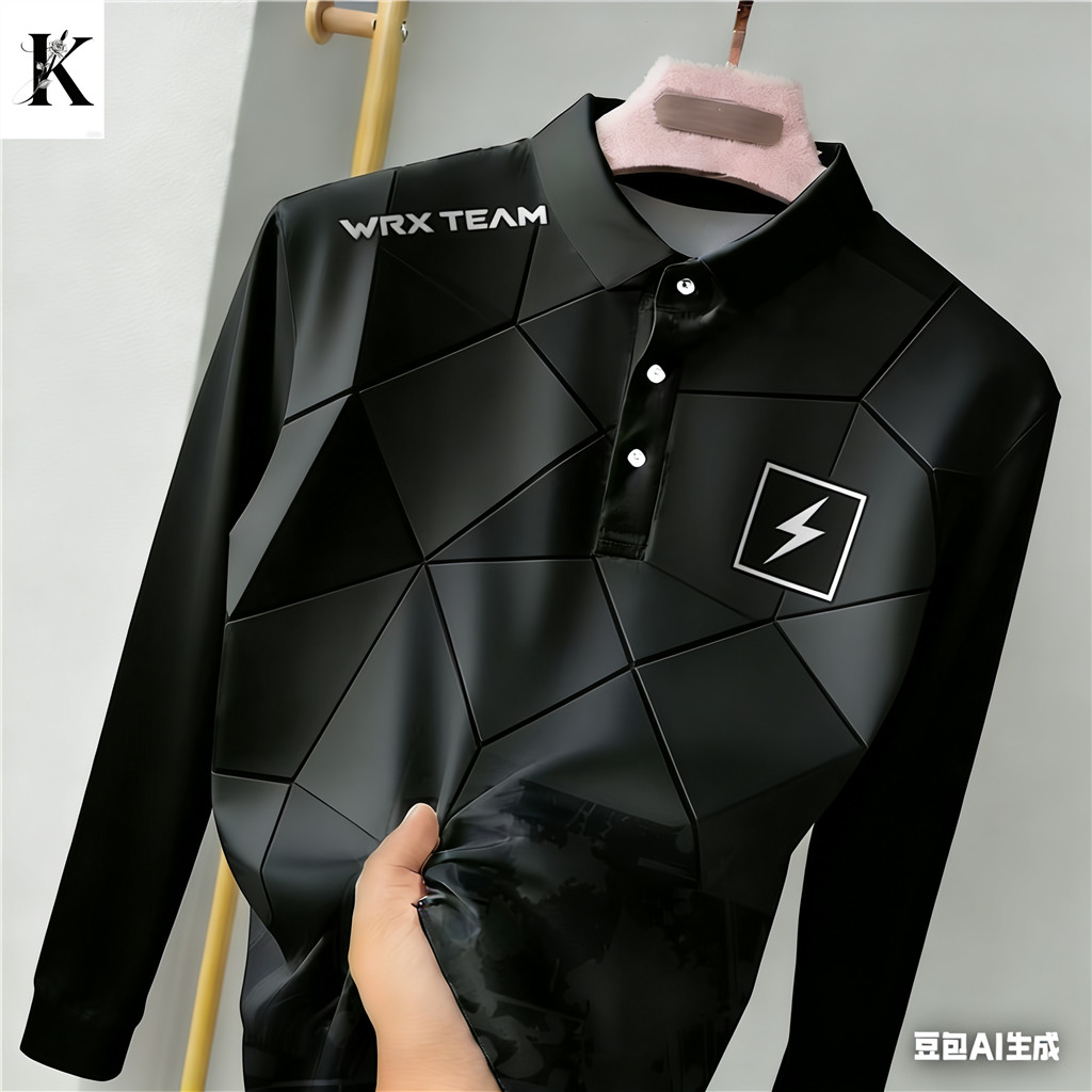 เสื้อโปโลผู้ชายแขนยาวพร้อมการพิมพ์ 3ง การพิมพ์เรขาคณิตสไตล์สีดําเรียบและโลโก้ที่ไม่ซ้ําใคร: ทันสมัย ทันสมัยและสมบูรณ์แบบชุดลําลองทุกวัน