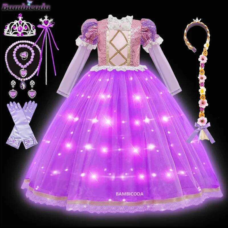 C Tangled Princess Dresses 2025 LED Light Dress Up Girls Rapunzel Cosplay Costumes Carnival Party D