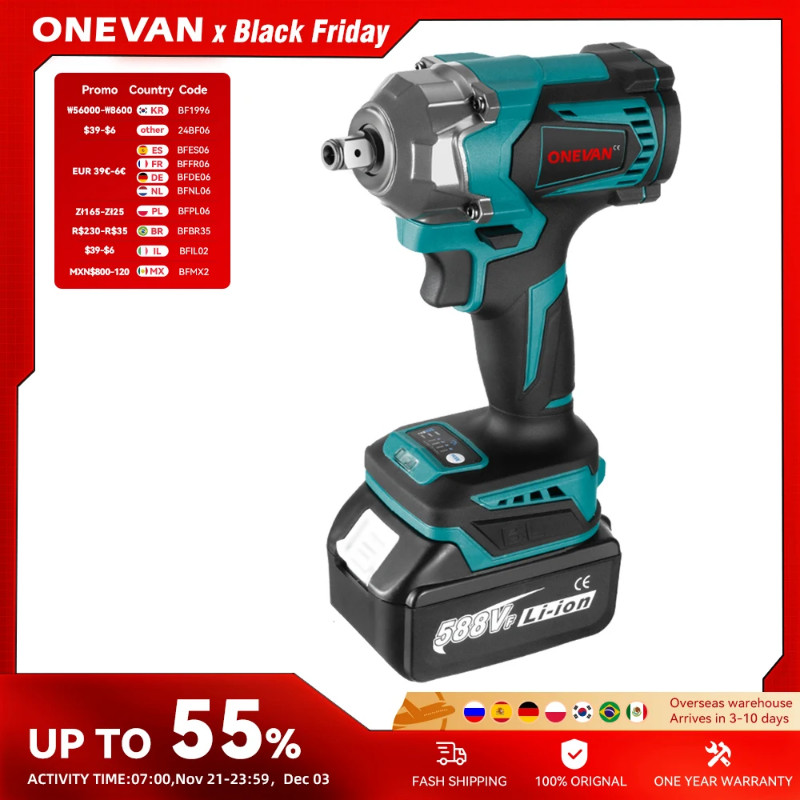 ONEVAN 1200N.M Brushless Electric Impact Wrench 1/2Inch Cordless Electric Screwdriver Wrench Power