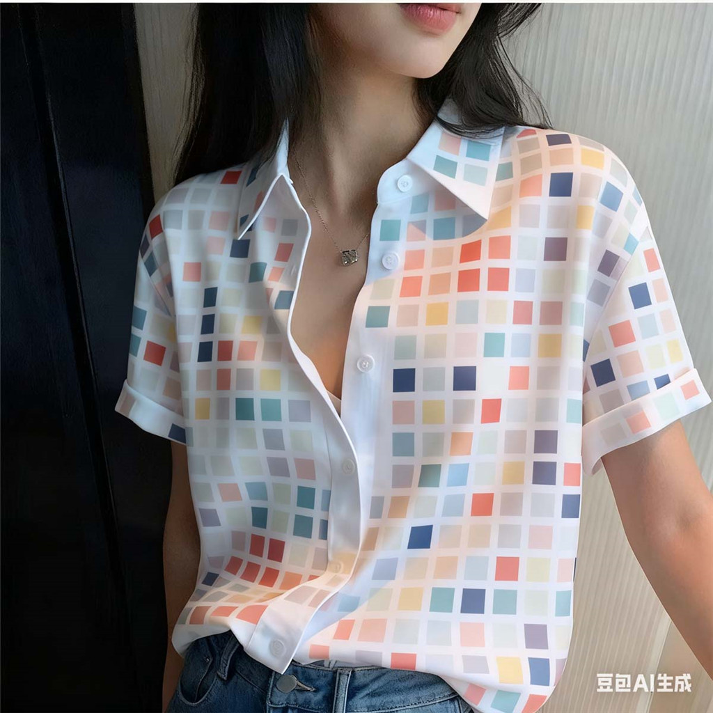 เสื้อเชิ้ตลายจุดสำหรับผู้หญิง แขนสั้น ทรงโอเวอร์ไซส์ ดีเทลแบบฮาวาย