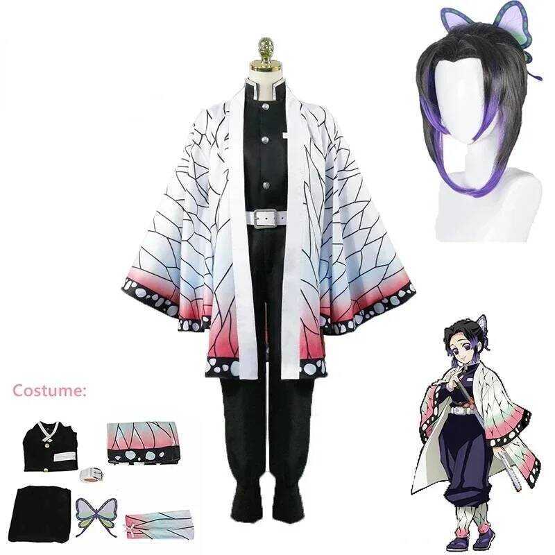 C Anime Demon Slayer Kimetsu Geen Yaiba Kochou Shinobu Cosplay Kostuum Pruik Set Kimono Uniform Hal