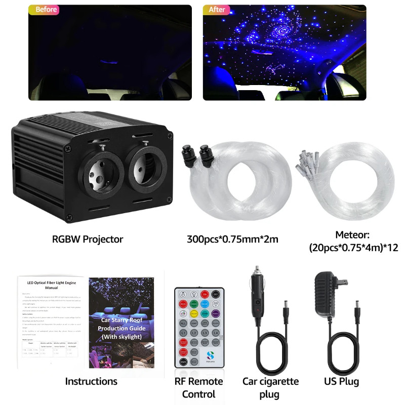Dual Port Twinkle Starlight Headliner Kit APP/Remote Control RGBW Star Roof Light 0.75mm Fiber Opti
