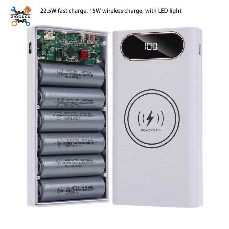 Ziqqucu ที่ถอดออกได้ 6 ส่วน 21700 ธนาคารชุดวัสดุสองทางอย่างรวดเร็วไร้สายชาร์จแหล่งจ่ายไฟมือถือชุดเชื