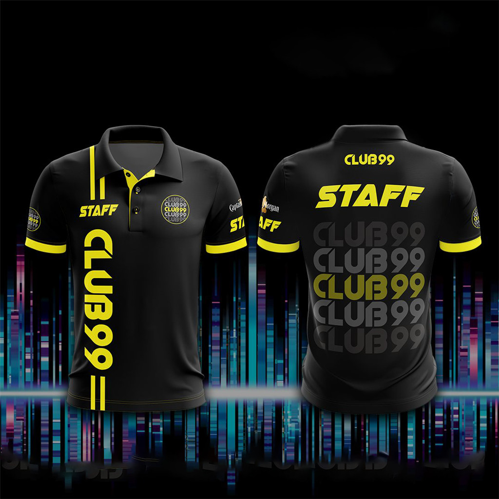 เสื้อโปโลทีม CLUB99 สีดำ ปลอกคอและแขนสีเหลืองสดใส