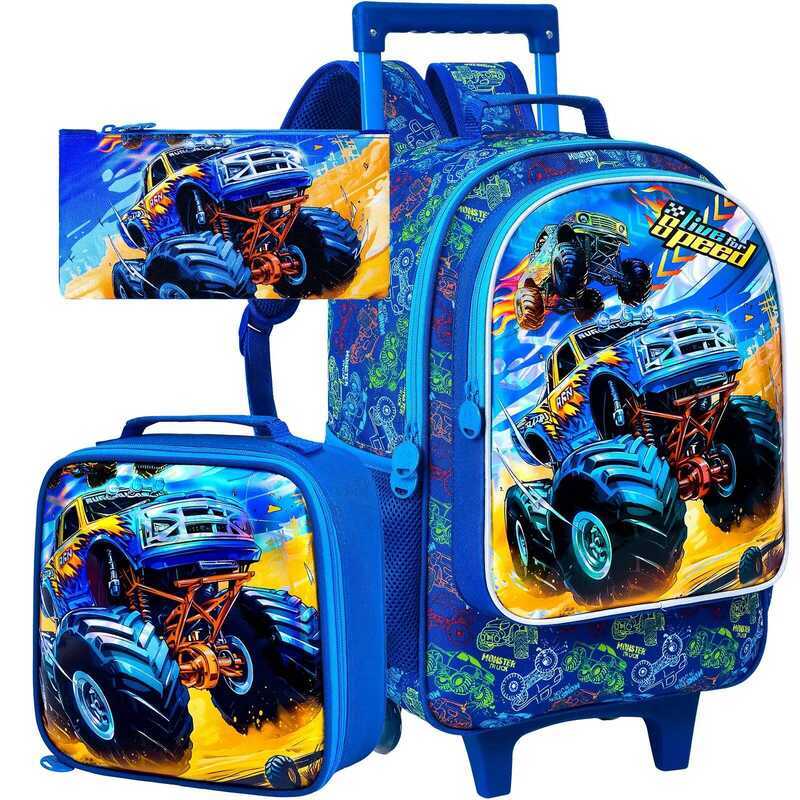 C 3Pcs Rolg Backpack For Boys, Kids Roller Wheels School Bookbag With Lunch , Wheeled School For Ch