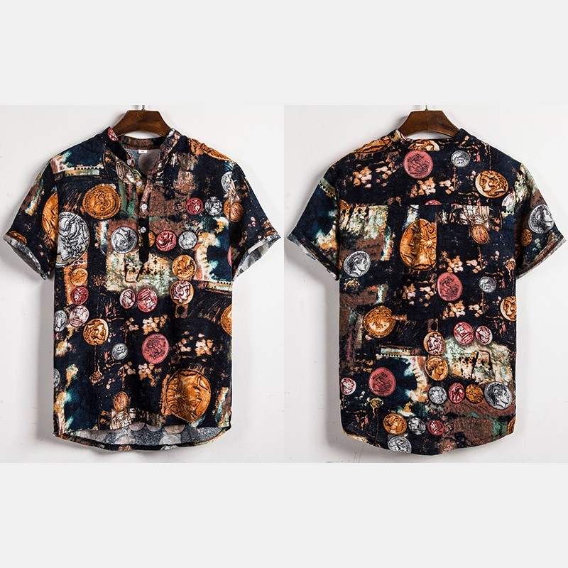 เสื้อลำลองแขนสั้นสไตล์ย้อนยุคสำหรับผู้ชาย พิมพ์ลายพืช