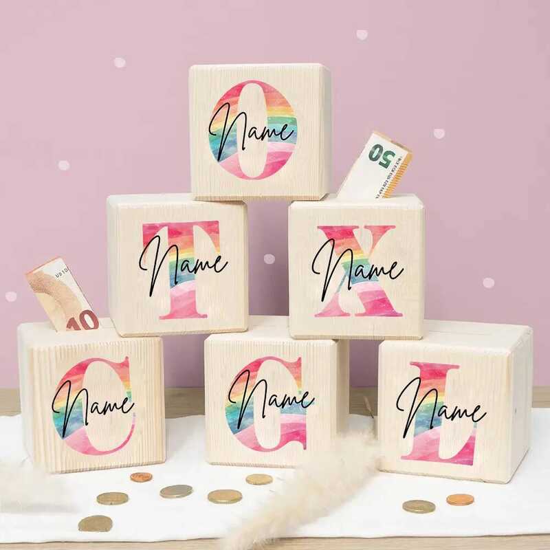 C Personalized Money Box Kids Money Boxes Raiow Letter With Name Coin Collection Box Wooded Coin Ba