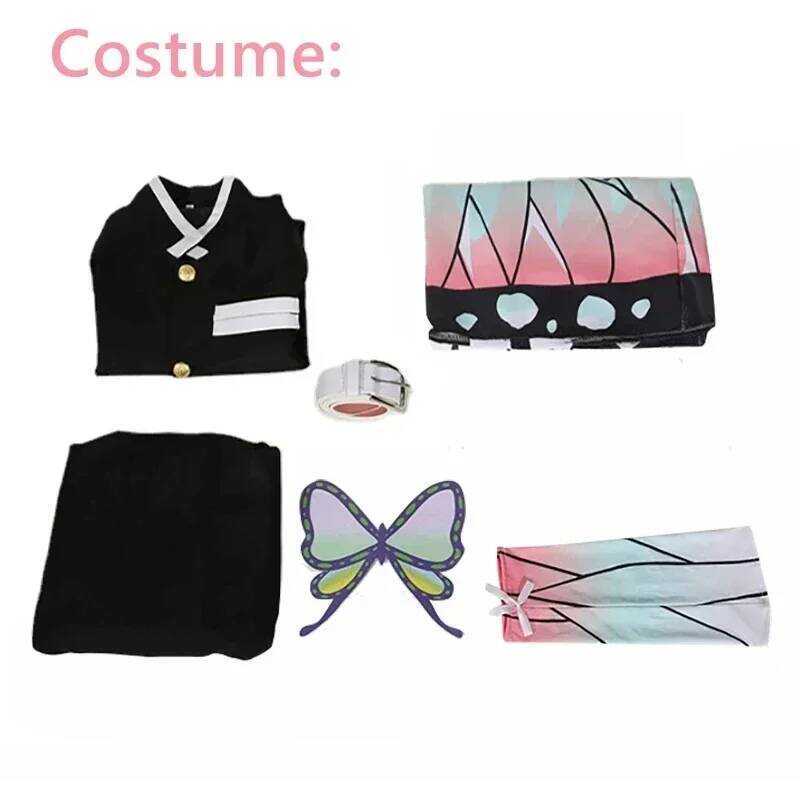 C Kochou Shinobu Costume Cosplay Anime Shinobu Wig Haori Uniform Woman Kids Halloween Dresses