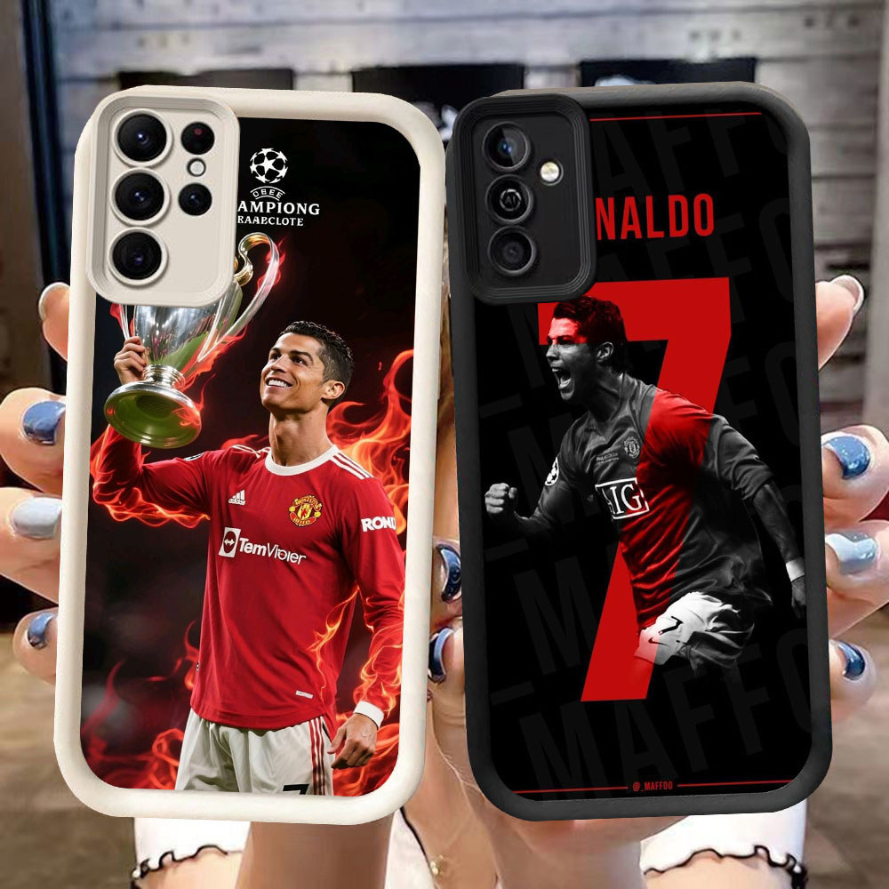 DK-85 FC Ronaldo ตะขอฉนวนซิลิโคนปลอกสีดําและสีขาวสําหรับ Samsung S21 S25 A26 M15 FE A54 S24 A55 Ultr