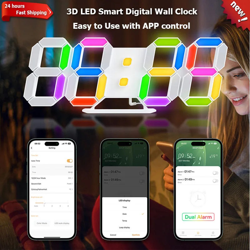 New 3D LED Smart Digital Wall Clock APP Remote Control Multifunctional Wall Clock Table Clock Home