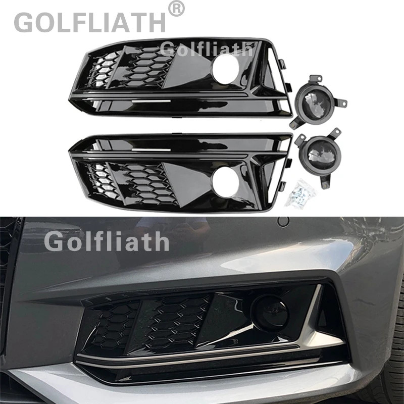 New A4 B9 S-line upgrade to RS4 Style Honeycomb fog light grill front bumper grille Glossy Black fo