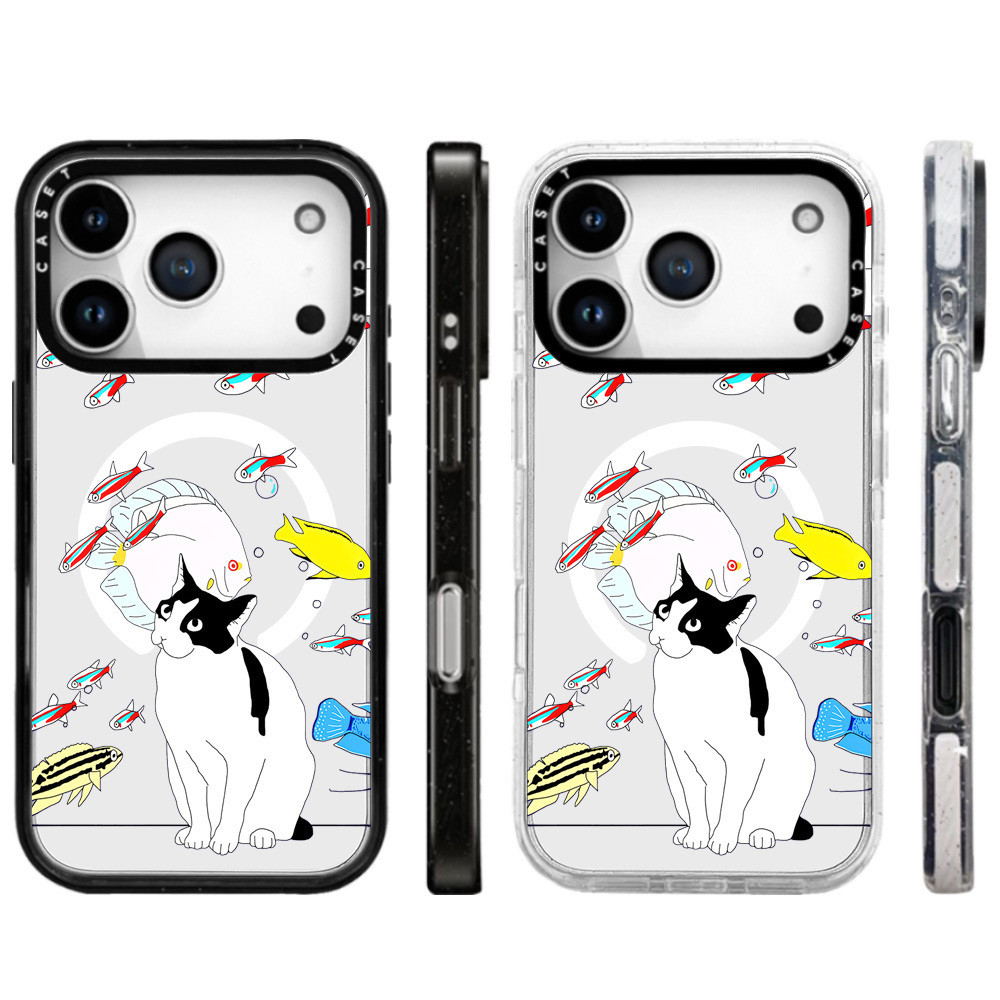แมวและปลาโดย Elpis Chow ไร้สายชาร์จแม่เหล็กสําหรับ IPhone 11 12 13 15 16 17 Pro Max กรณี 14 Plus 17A