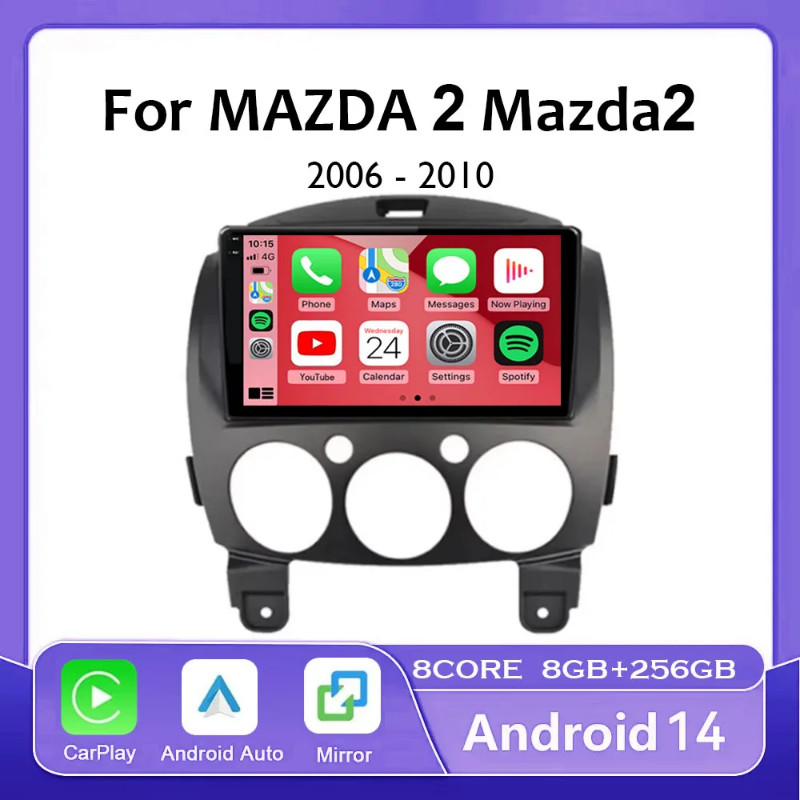 Android 14 Auto Car Screen For Mazda 2 DE 2007-2014 Wireless Carplay Stereo 4G+WIFI Car Radio Multi