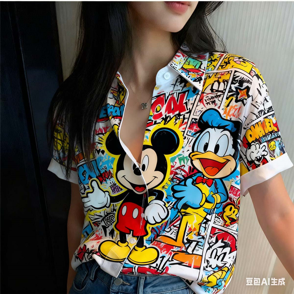 เสื้อฮาวายแขนสั้น พิมพ์ลายโปสเตอร์กราฟฟิก ขนาด oversized สำหรับผู้หญิง
