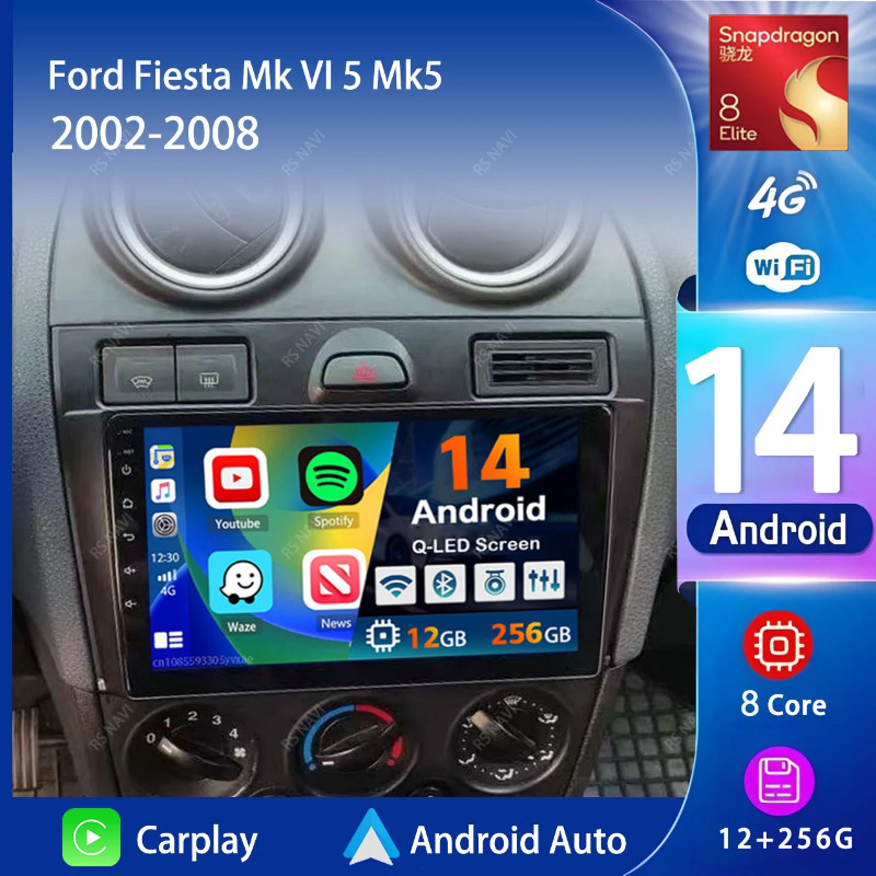 Android 14 Carplay Auto 2K Screen Car Radio Multimedia For Ford Fiesta Mk VI 5 Mk5 2002-2008 WIFI+4