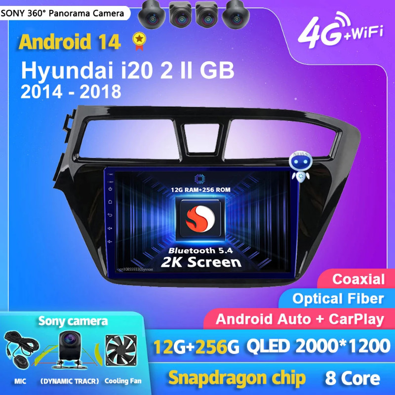 Android 14 Carplay Auto 2K Screen Car Radio Multimedia Video Player For Hyundai i20 2 II GB 2014 -