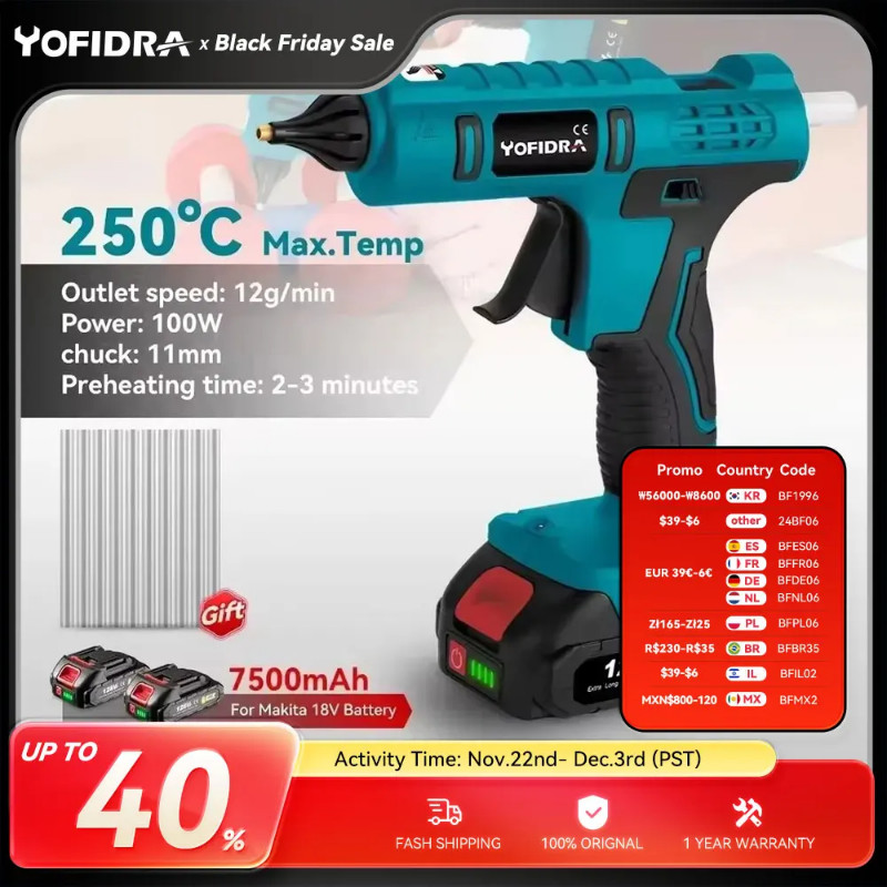 Yofidra Electric Hot Melt Glue Gun for Makita 18V Battery Cordless Electric Glue Gun 11mm Glue Stic