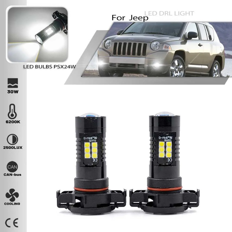 2pcs Xenon White PSX24W LED Bulbs Jeep Compass 2010 2011 2012 2013 LED Front Fog Light bulbs Drivin