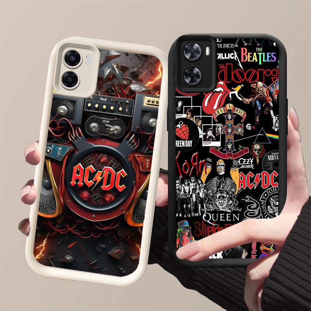 DJ-2 ACDC Band ปลอกซิลิโคนสีดําและสีขาวสําหรับ OPPO Realme A36 A57s A76 C33 9i A77s A57 A96 A57e A77