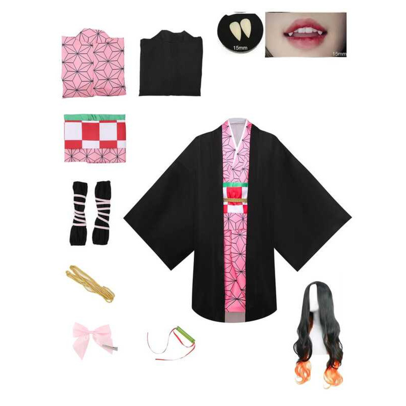 C Anime Kimetsu No Yaiba Kamado Nezuko Cosplay Costume Kimono Demon Slayer Cosplay Wigs Hairs Hallo