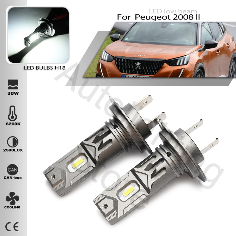 2PCS Led Headlights Bulbs H18 Low Beam 6500K Auto Lighting For PEUGEOT 208 II 2008 II 2019- e-208 2