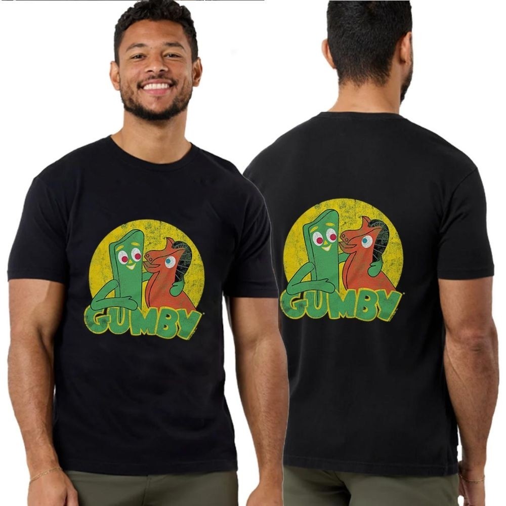 เสื้อยืดผ้าฝ้ายสำหรับผู้ชาย ลายการ์ตูน Faded Gumby และ Pokey แบบตลกดีไซน์แขนสั้น