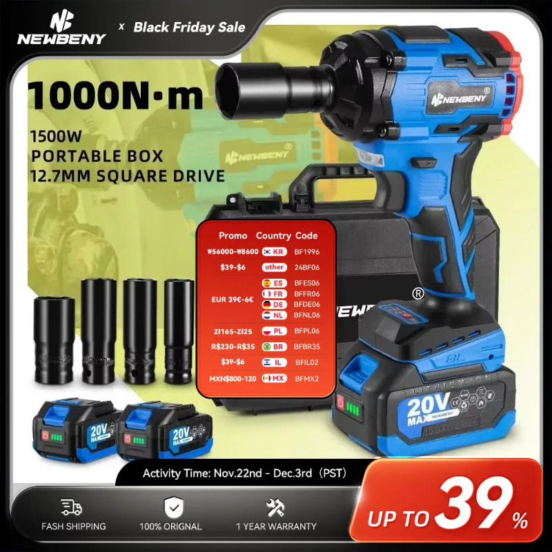 NewBeny 1000N.m Brushless Electric Impact Wrench 1/2 inch 3 Gears Cordless Rechargeable Power Tools