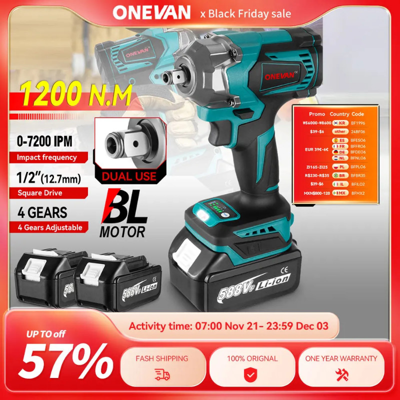 1200N.M Brushless Electric Impact Wrench 1/2Inch Cordless Electric Wrench Socket Screwdriver Power