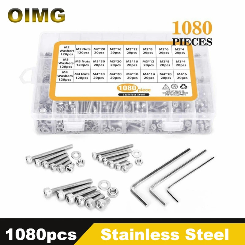 1080Pcs M2 M3 M4 Hex Socket Head Cap Screws 304 Stainless Steel Hex Socket Machine Screws Bolts Nut