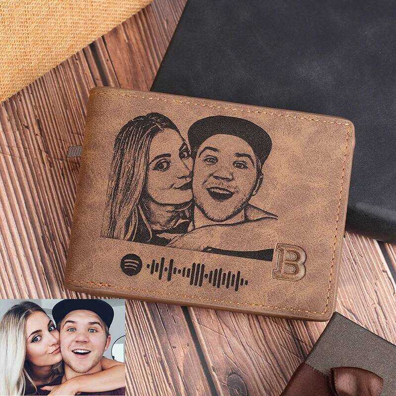 C Custom Engraved Photo Wallet, Personalized Couple Portrait & Spotify Code, Unique Gift For Him,Cu