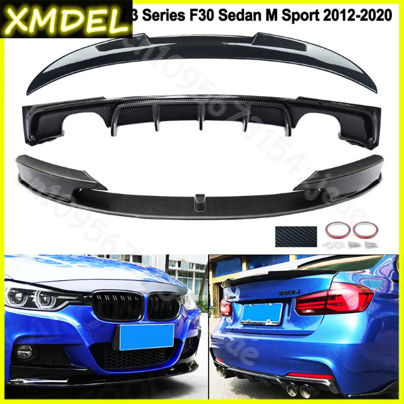 Carbon Look Front+Rear Lip  Trunk Spoiler For BMW F30 335i 340i Sedan M Sport