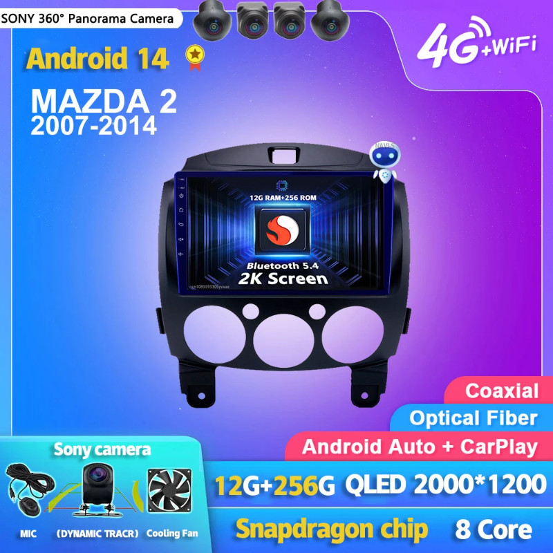 Android 14 Carplay Auto 2K Screen Car Radio Multimedia Player For Mazda 2 2007-2014 WIFI+4G Autorad