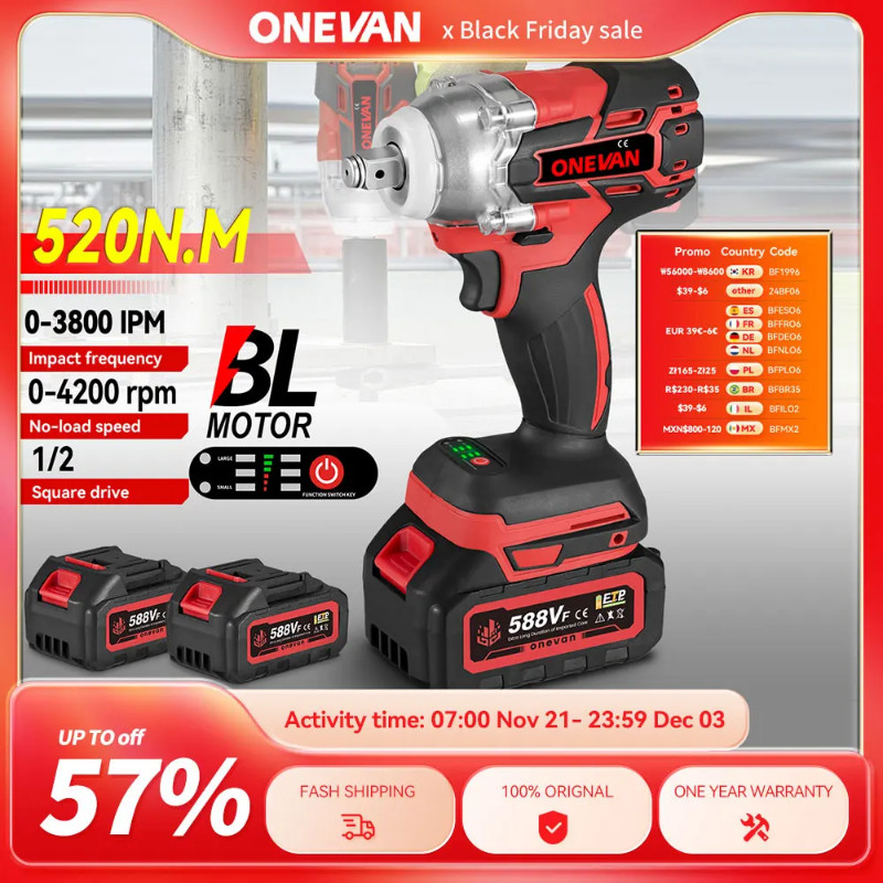 520N.M Brushless Electric Impact Wrench 1/2 inch Cordless Electric Wrench Screwdriver Repair Power