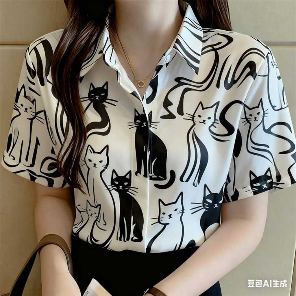เสื้อแมวผู้หญิง พิมพ์ลายเต็มตัว แขนสั้น แบบโอเวอร์ไซส์