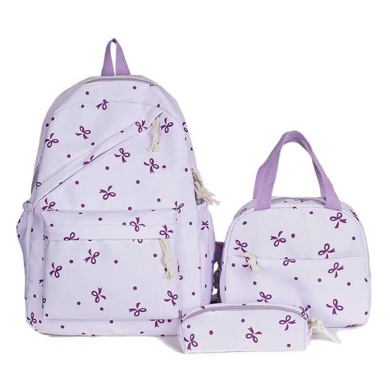 C 3Pcs Bow Tie College School Backpack With Lunch Pencil Case Cute Girl Backpac School Backpack Set