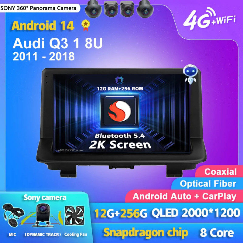 Android 14 Carplay Auto 2K Screen Car Radio Multimedia Player For Audi Q3 1 8U 2011 - 2018 DSP 2din