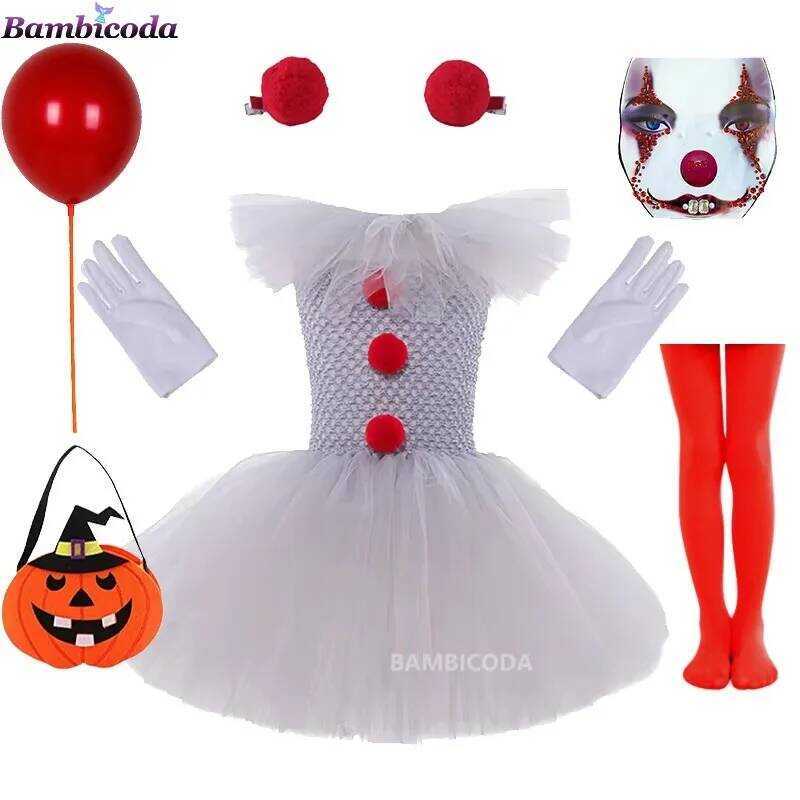 C Gray Joker Girls Halloween Costume Tutu Dress Creepy Clown Carnival Party Cosplay Clothing Tulle