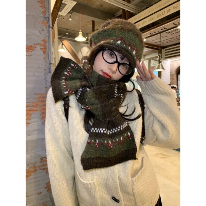 Have u desgin Weaving Warm Co-Frequency~Mori Style Retro Scarf Female Warm Cold-Proof Windproof Phil Island ฤดูใบไม้ร่วงฤดูหนาวเกาหลี