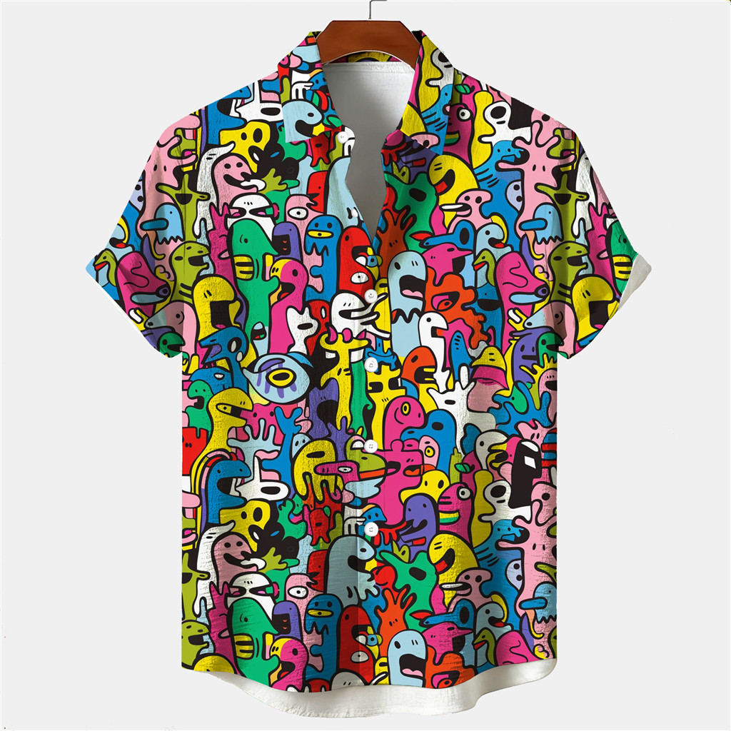 เสื้อฮาวายพิมพ์ลายกราฟฟิกการ์ตูน ดีไซน์มอนสเตอร์และตัวอักษร ระบายอากาศได้ สไตล์สบายสำหรับฤดูร้อน