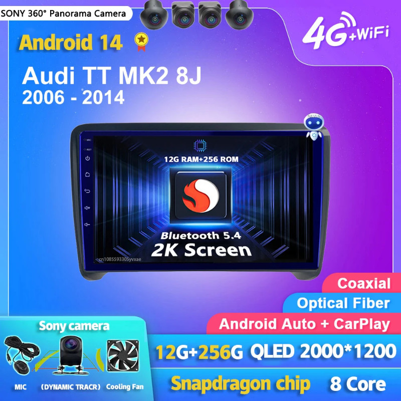 Android 14 Carplay Auto 2K Screen Car Radio Multimedia Player For Audi TT MK2 8J 2006 - 2014 Autora
