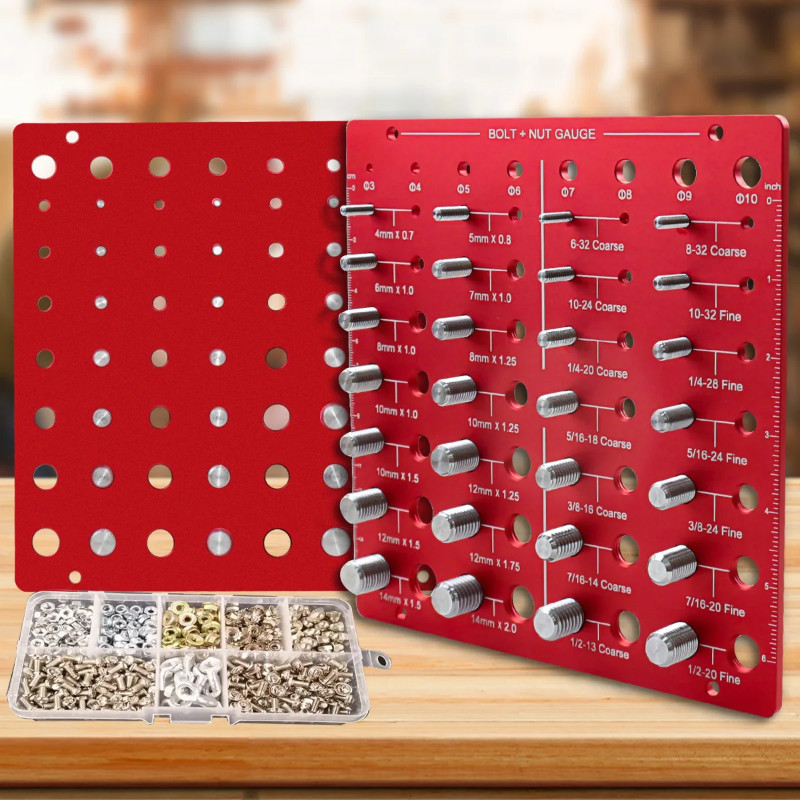 Nut and Bolt Thread Checker- 28 Bolt Size and Thread Identifier Gauge and 8 Size Aperture Gauge - M